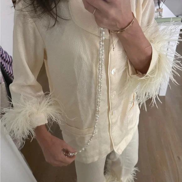 Sleeper Cream Feather-Trimmed Pajama Set